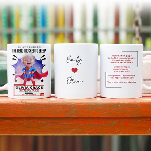 Personalized Supergirl Baby Mug – Custom Name, Photo & Mom’s Message – “The Crib Crusader” Design
